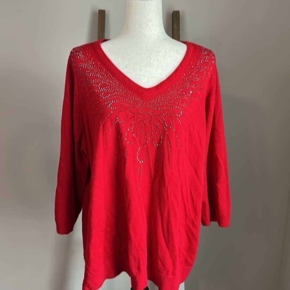 Croft & Barrow Red Women's Plus Sweater with Rhinestone Design Size 2X in GUC